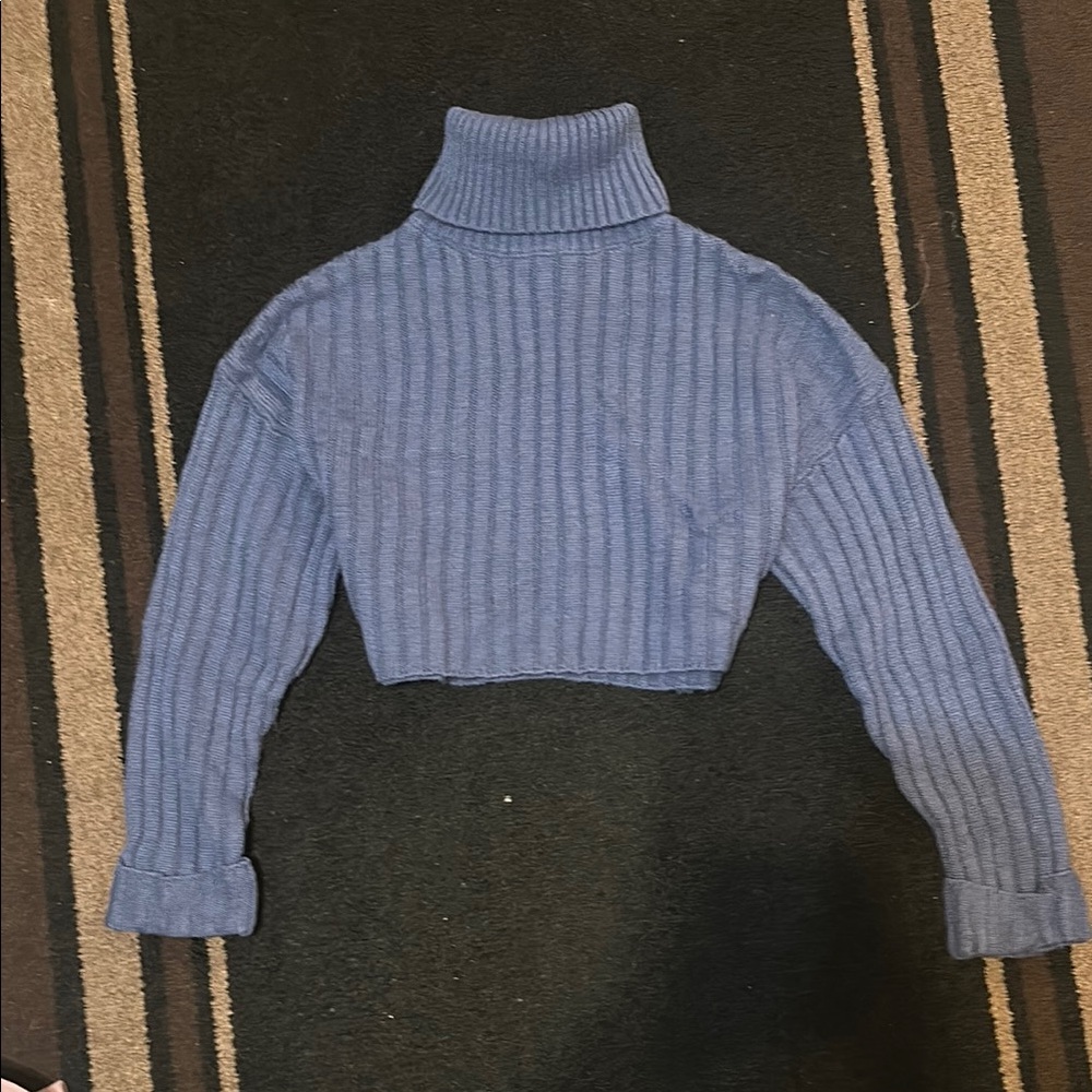 Blue Cropped Turtleneck Knit Sweater